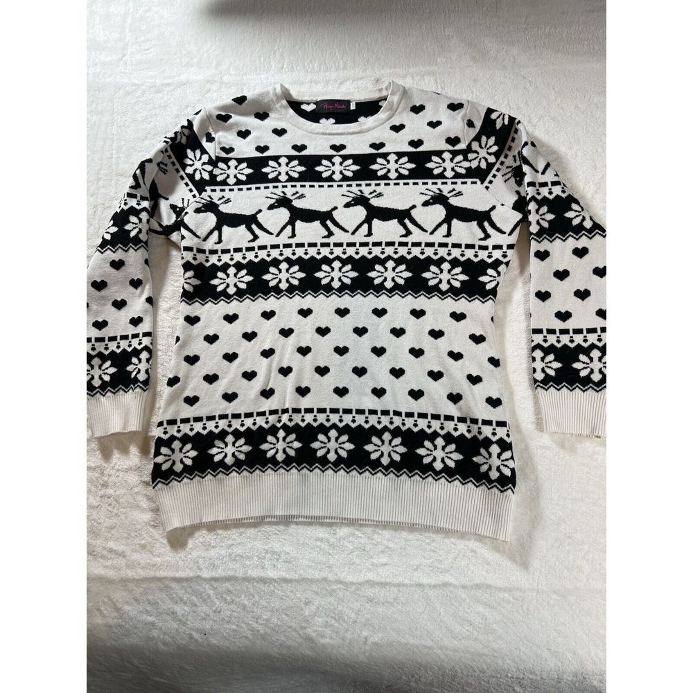 Hanna Nikole Womens 20W Fair Isle Sweater Reindeer Snowflake Heart Black White